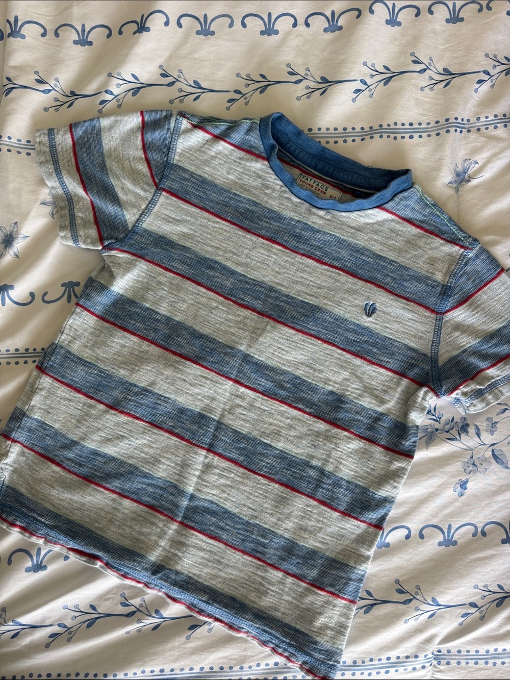 Kids Short-Sleeve Striped Tee in Blue, Gray & Red - Casual Crew Neck